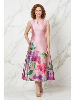 NWT Kay Unger Marlene in Woodrose Metallic Organza Tea Length Midi Dress 6 $318